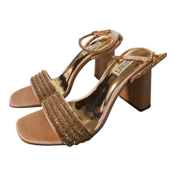 Badgley Mischka Embellished Block Heel Sandals Tan/Gold Size 8.5 - Picture 11 of 12